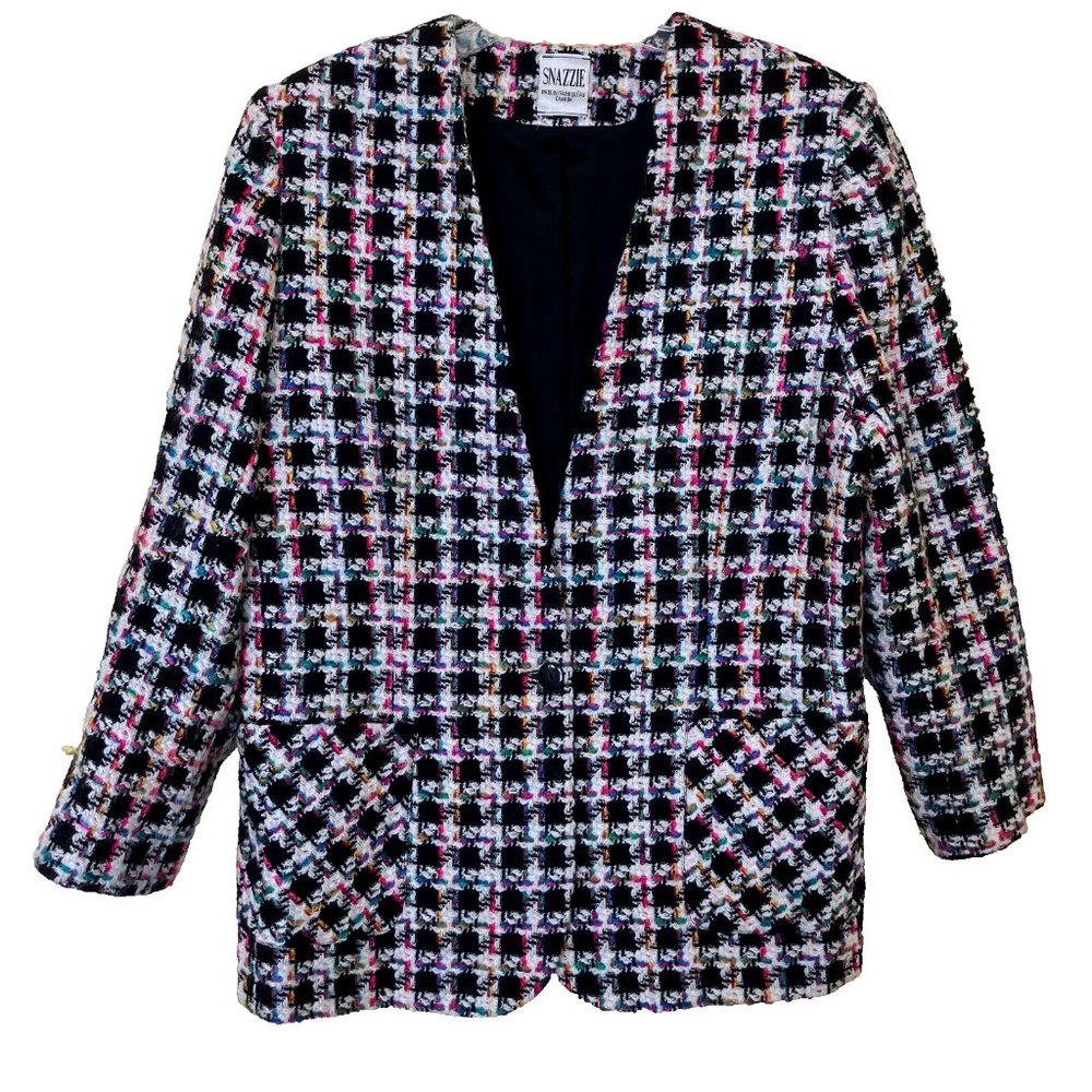 Colorful Houndstooth Blazer Jacket Wool Blend Vintage 90s Snazzie Made in Canada